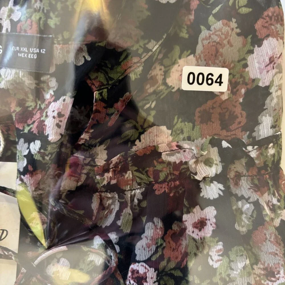 Mango Floral Print Sheer Blouse US 12 Black Multicolor Long Sleeve Lightweight - Picture 12 of 12